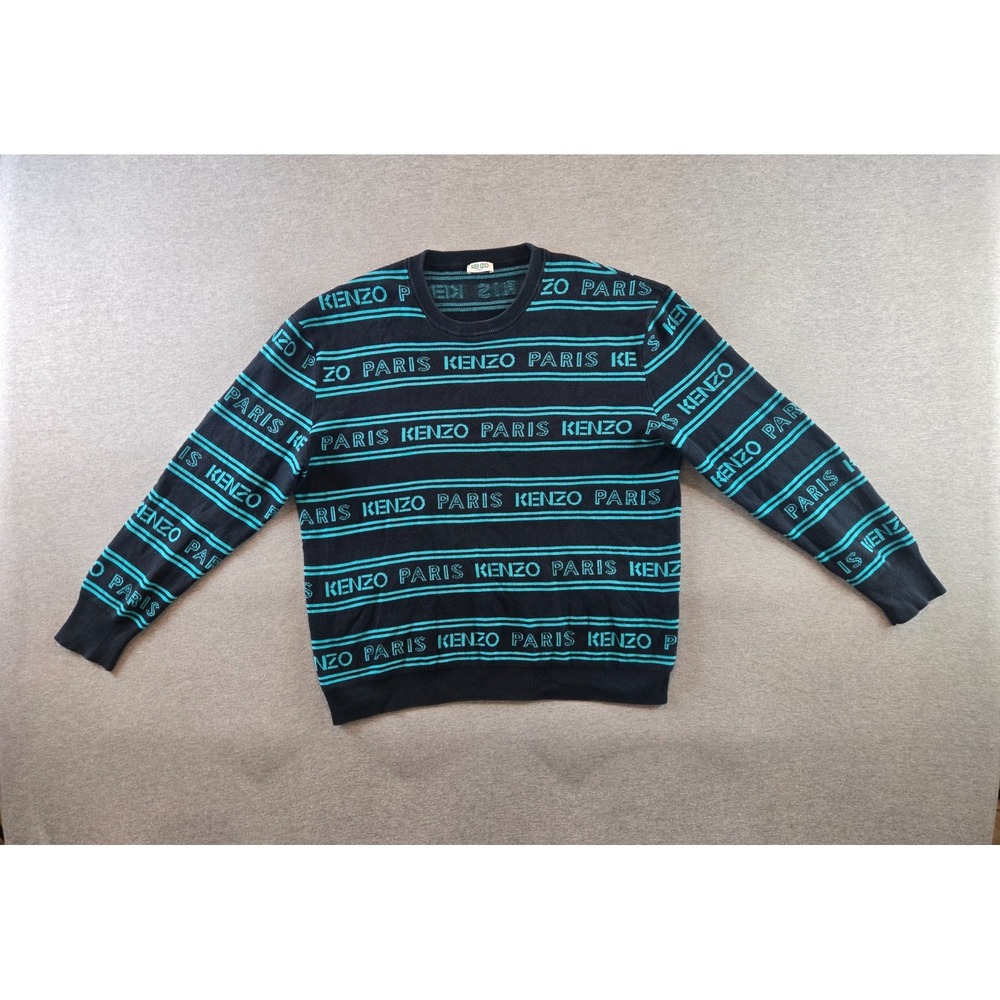 Kenzo Paris Sweater Mens Sz L Green Jacquard Logo Intarsia AOP Crewneck Pullover